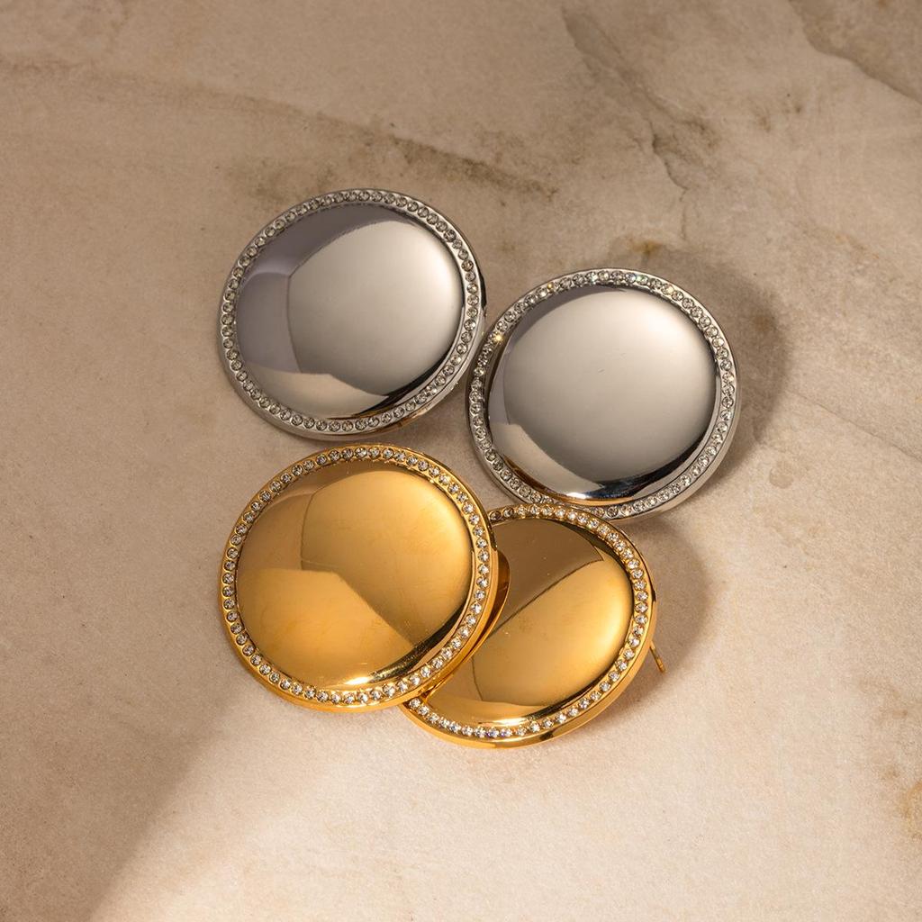 18k Gold-Plated Stainless Steel Diamond Inlaid Round Disc Earrings