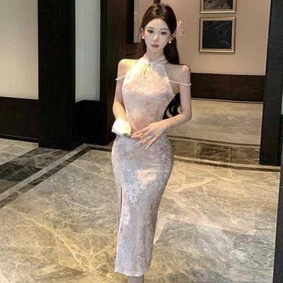 Velvet Spicy Girl Slim Sleeveless Qipao Dress