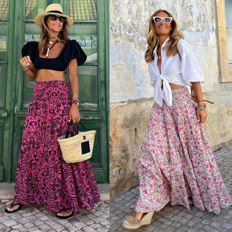 Fashion Loose Floral Printed Casual Skirts 2026 Spring Summer Women Elegant Pleated Swinging Beach Vacation A-line Long Skirts Ladies Holiday Clothing
