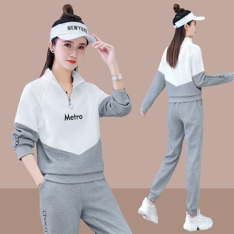Casual Sports Suit for Women in Spring and Autumn, Korean Style Loose Large Size Stand Collar Sweatshirt Two-piece Set