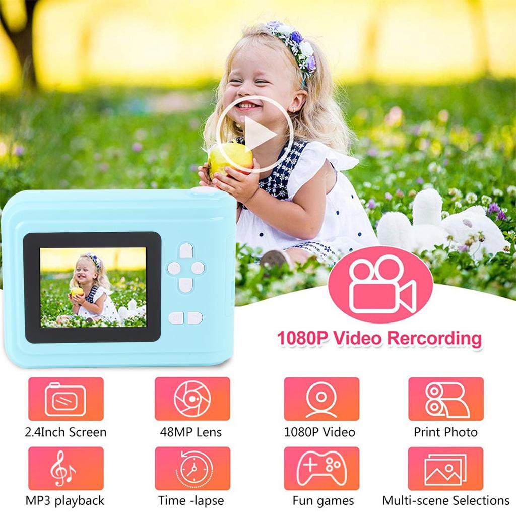 Kids' Instant Print Camera, 48MP HD 1080p Digital Camera with Print Paper for Boys and Girls Ages 3-12, Toy Camera for Toddlers (Blue, 0.6mm Thick)