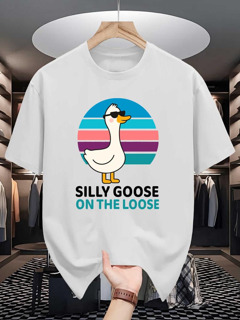 Men Short Sleeve T Shirt Silly Goose On The Loose Retro Graphic Tees Loose Fit Casual Mens Top For Funny Daily Street Wear