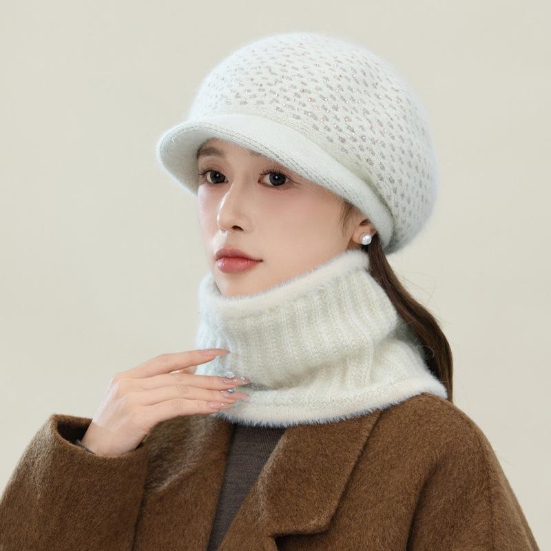 Autumn and Winter Casual Bright Diamond Rabbit Hair Mother Hat Versatile Plus Velvet Thickened Cold Proof Duck Tongue Cap Can Scarf Warm Set New
