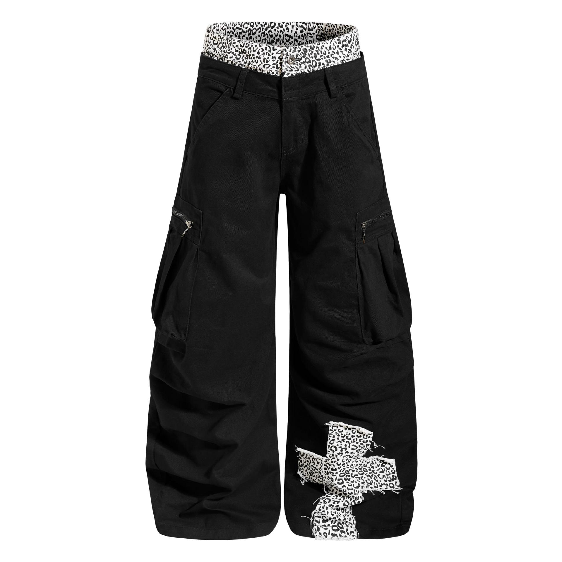 Leopard Print Patchwork Trousers - 2026 Spring Collection, Unisex American Street Trend S