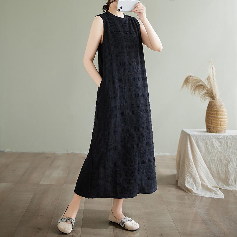Elegant Round-Neck Sleeveless Tank Dress for Women New Summer Style Loose-Fitting Textured High-End Exquisite Long Dress