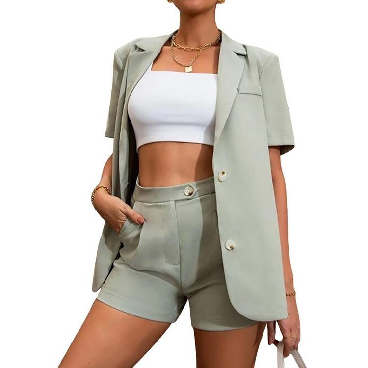 Women's Suit Fashion Temperament Suit Solid Color Suit High Waist Shorts Two-piece Set