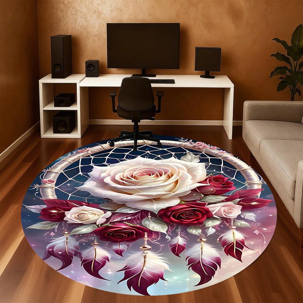 1PC Dreamcatcher Roses Feathers Round Chair mat Area Rug - Non-Slip, Floor Mat for Office, Bedroom, home decor Christmas Gift c0528019