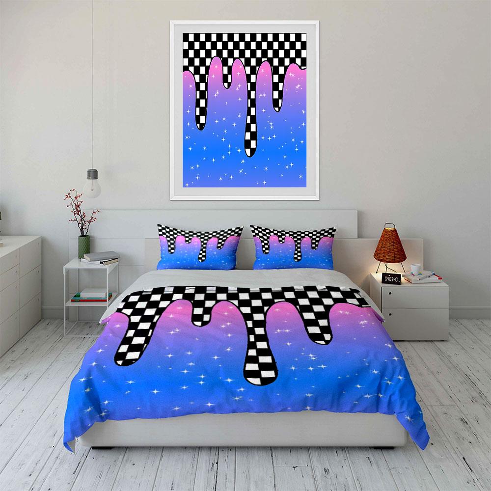 "Gradient Checkerboard Starry Set" Soft Skin-Friendly Bedding Set Includes 1 Duvet Cover And 2 Pillowcase Gift