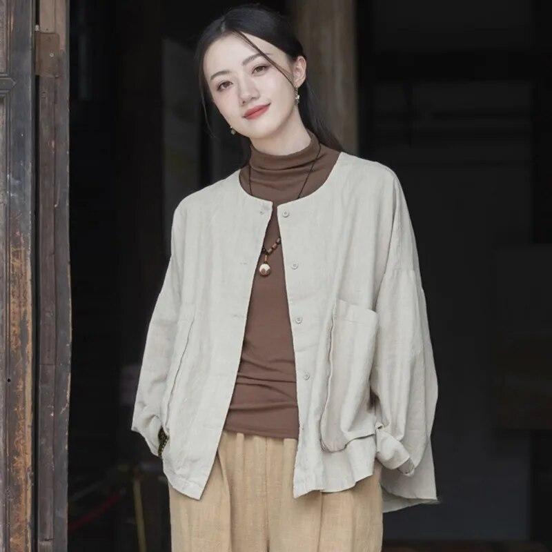 Johnature Damen Vintage Shirts Tops O-Ausschnitt Langarm Lose Blusen Herbst Einfarbig Taschen Damen Shirts
