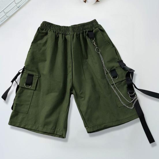 Mid-Rise Elastic Waistband Multi Pockets Chain Strap Decor Men Shorts Outdoor Fitness Cargo Short Pants