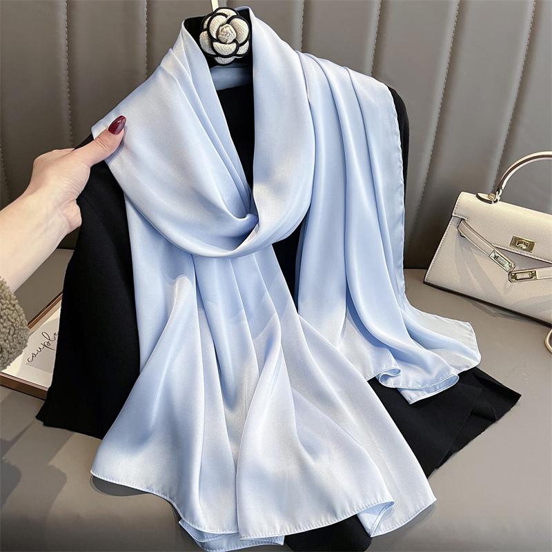 90*180cm Fashion Luxury Solid Color Silk Scarf Women Soft Smooth Scarves Head Wrap Hijab Outdoors Muffler Long Shawl Beach Towel