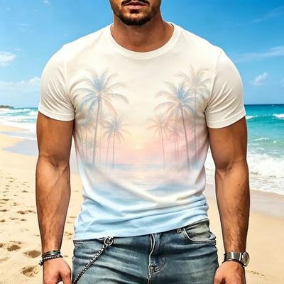 Herren Freizeit-T-Shirts mit tropischem Palmenmuster, Kurzarm-Rundhals-Oberteile für Sommer, Strand und den Alltag