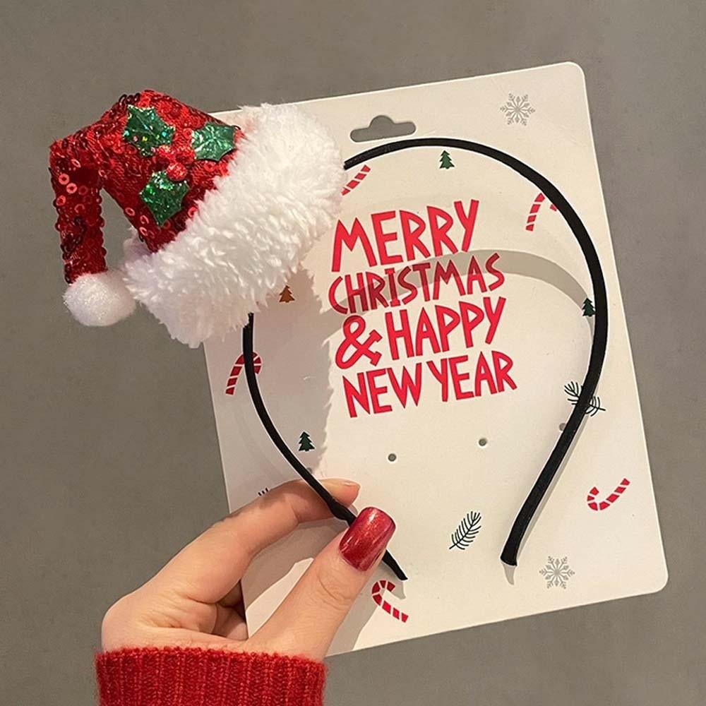 Shiny Sequin Christmas Headband Bright Red Forest Green Xmas Tree Headpiece Plush Decor Elastic Band Santa Hat Hairband