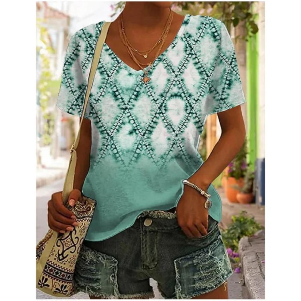 3D V Neck T Shirt Vintage Women Mixed Floral Pattern Print Summer Ladies Shirt Tops Street Trend Loose Plus Size Ladies Tops