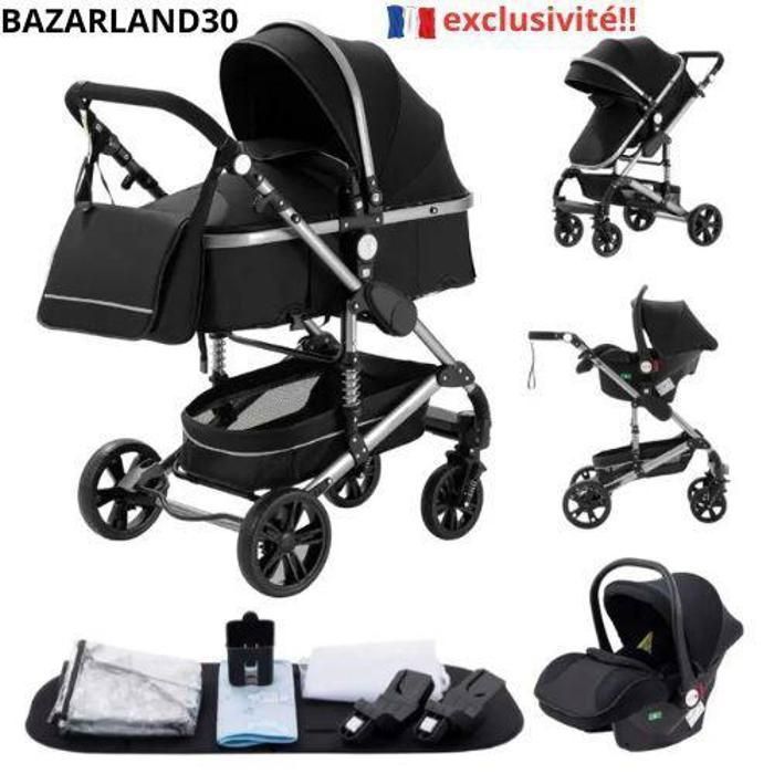 BAZARLAND30. 3-in-1 Pram Travel System Car Seat Carrycot Trio Reversible Adjustable High Quality Puncture-Proof Wheels. Black nero