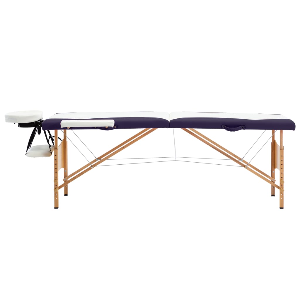 Folding 2 Zone Massage Table with Wooden Frame White and Purple