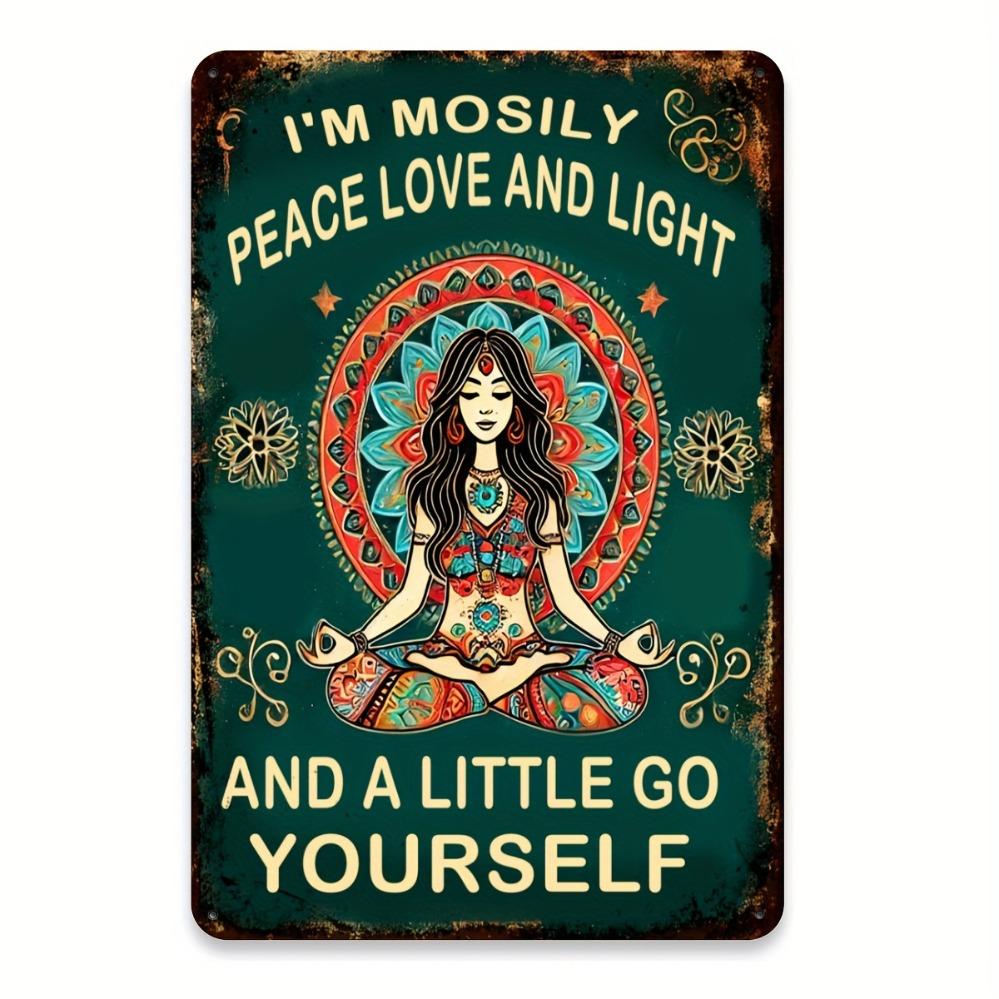Retro Hippie Yoga Lady Poster Peace, Love & Light Vintage Aluminum Wall Art for Home Decor 20x30cm(7.8x11.8inch)