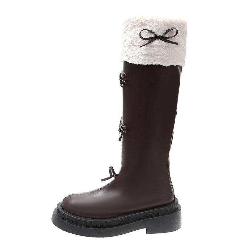 Platform Boots Women's Fluffy Snow Boots 2025 Autumn and Winter Bow British Thermal Sleeve Long Boots