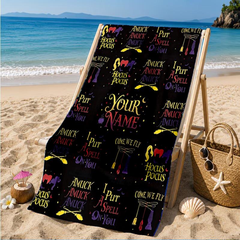 Custom Name Hocus Halloween Night Personalized Microfiber Beach Towel, Quick-Dry, Ideal for Summer Travel, Beach Essential, Swimming