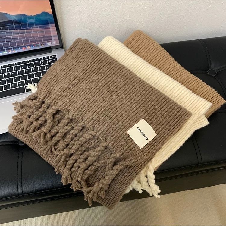 Student Solid Color Fringed Scarf Autumn Winter Warm Knitted Neck Warmer Couple Wool Thickened Neck Wrap