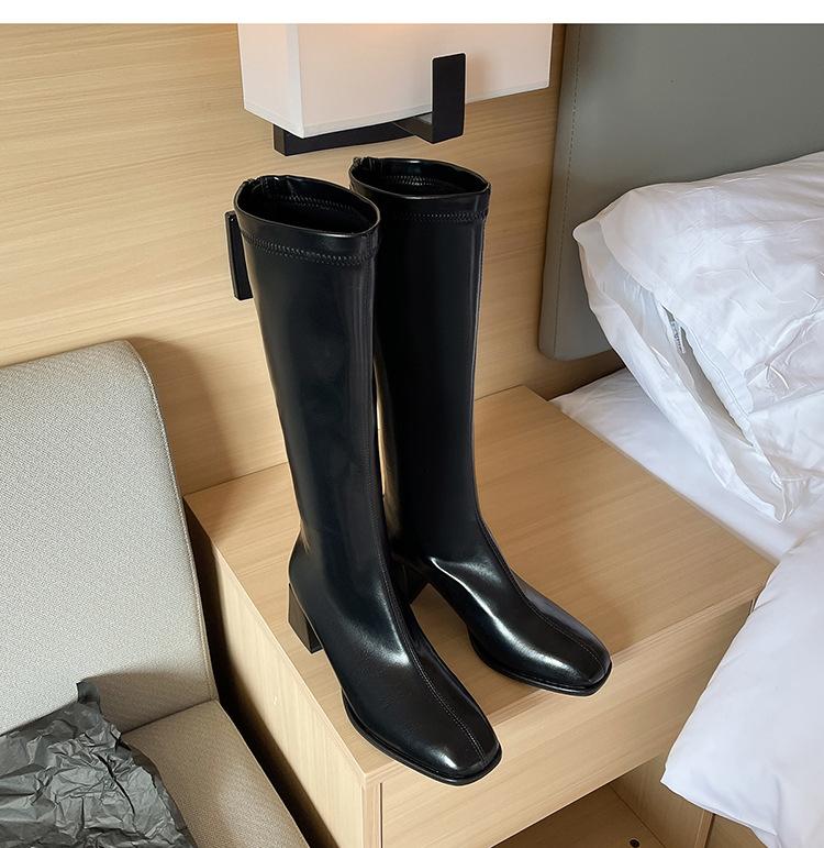 Korean Version of the Big Heroine Square Head Thick Heel Side Zipper Knight Boots 2025 Autumn New Korean Version Temperament Elastic Thin Boots