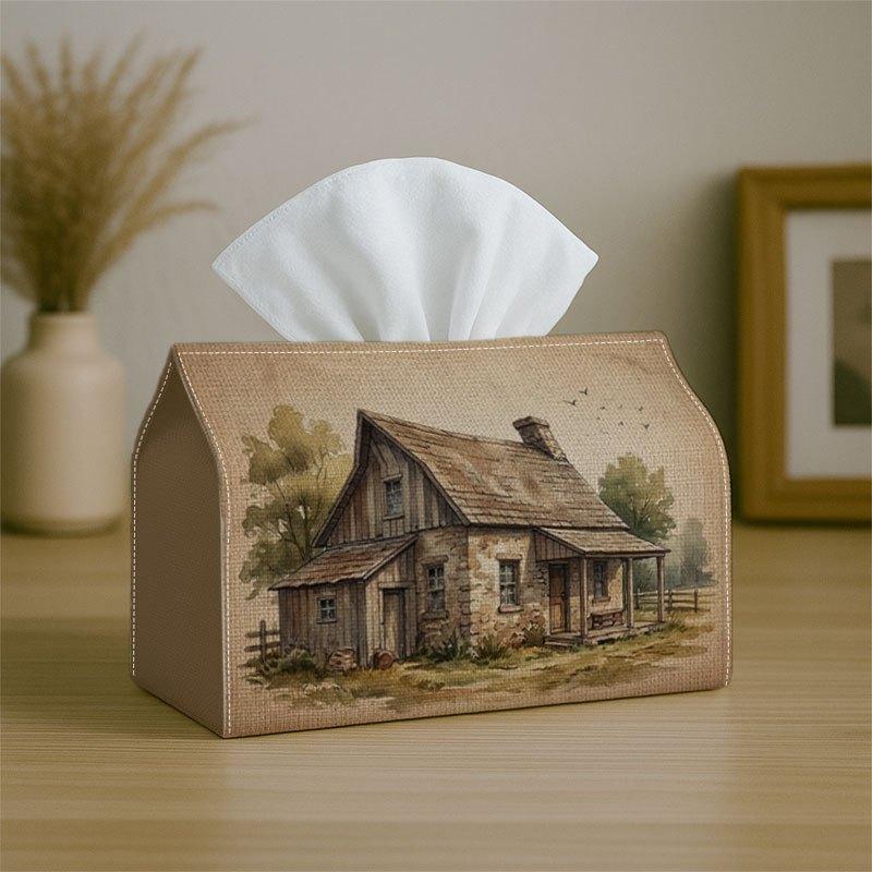 2D Flat 1pc Vintage Rustic Country Tissue Box - Cabin Landscape Print, for Kitchen, Living Room, Bedroom, Car for Home And Party Decorations, Compact
