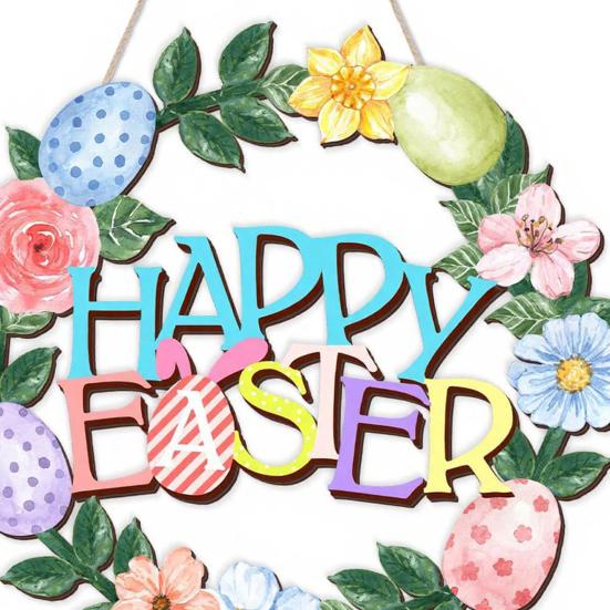 Wooden Easter Door Wreath for Bunny Eggs Porch Front Door Happy Easter Sign for Spring Window