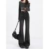 Women's Black-Gray Micro-Flared Jeans, Plus Size, Floor-Length, 2024 Autumn/Winter Trendy Horseshoe Style