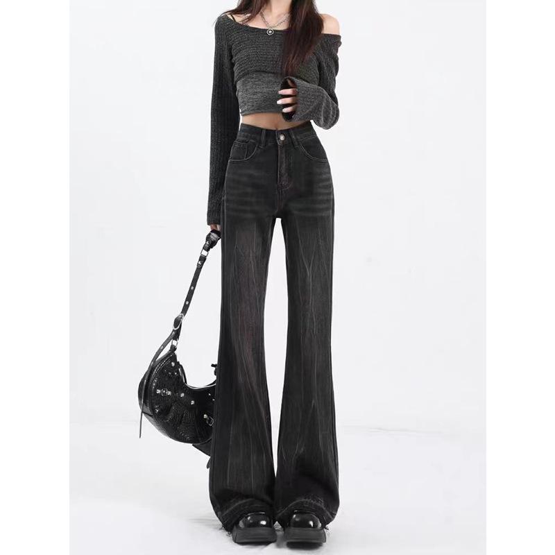 Women's Black-Gray Micro-Flared Jeans, Plus Size, Floor-Length, 2024 Autumn/Winter Trendy Horseshoe Style