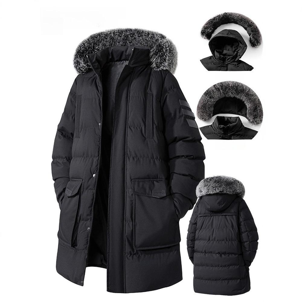 Large Size Medium-length Cotton Jacket Men's Winter Removable Hooded Cotton Jacket Thickened Large Hair Collar Cotton Jacket Coat Solid Color