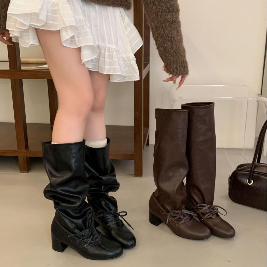 2025 Winter New Tall Skinny Pile Boots Thick High Heel Two Wear Knight Women's Boots Lace-up Locomotive Spice Girls Boots