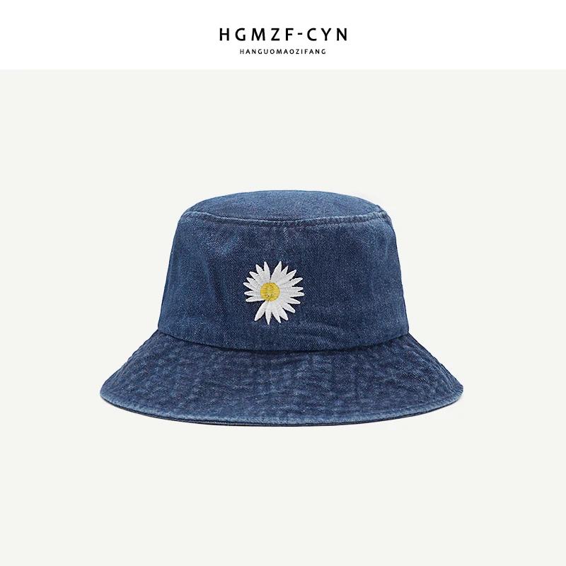 Korean New Ins Daisy Embroidery Bucket Hats Women Men Panama  Summer Sun Hat Fashion Flower Bob Washed Denim Basin Cap
