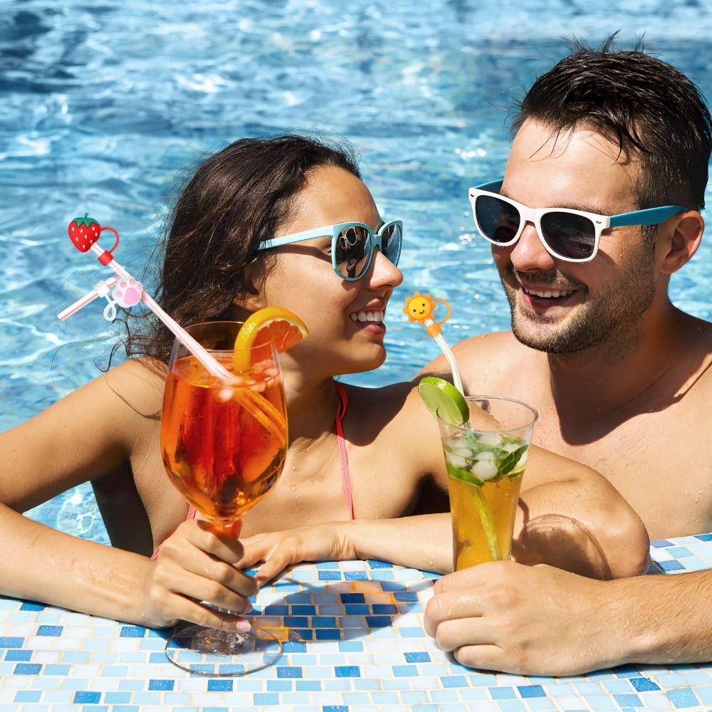 6Pcs Silicone Straw Cover Cap Cartoon Cute Straw Plugs Leak-Proof Pull Out Design Drinking Tube Tips Outdoor Activities