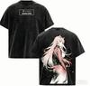 T-shirt Oversize Noir Lavé Élégant avec Graphique Anime Zero Two de DARLING in the FRANXX T-shirts Hommes et Femmes