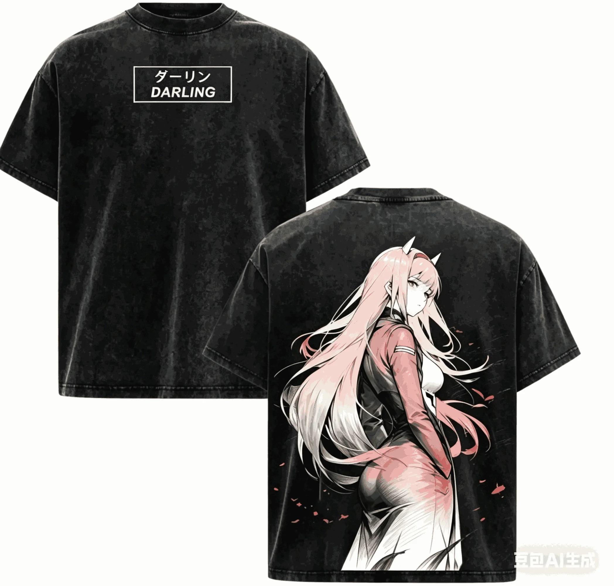 

Стильная черная оверсайз футболка с графикой Зеро Ту из аниме DARLING in the FRANXX для женщин и мужчин L