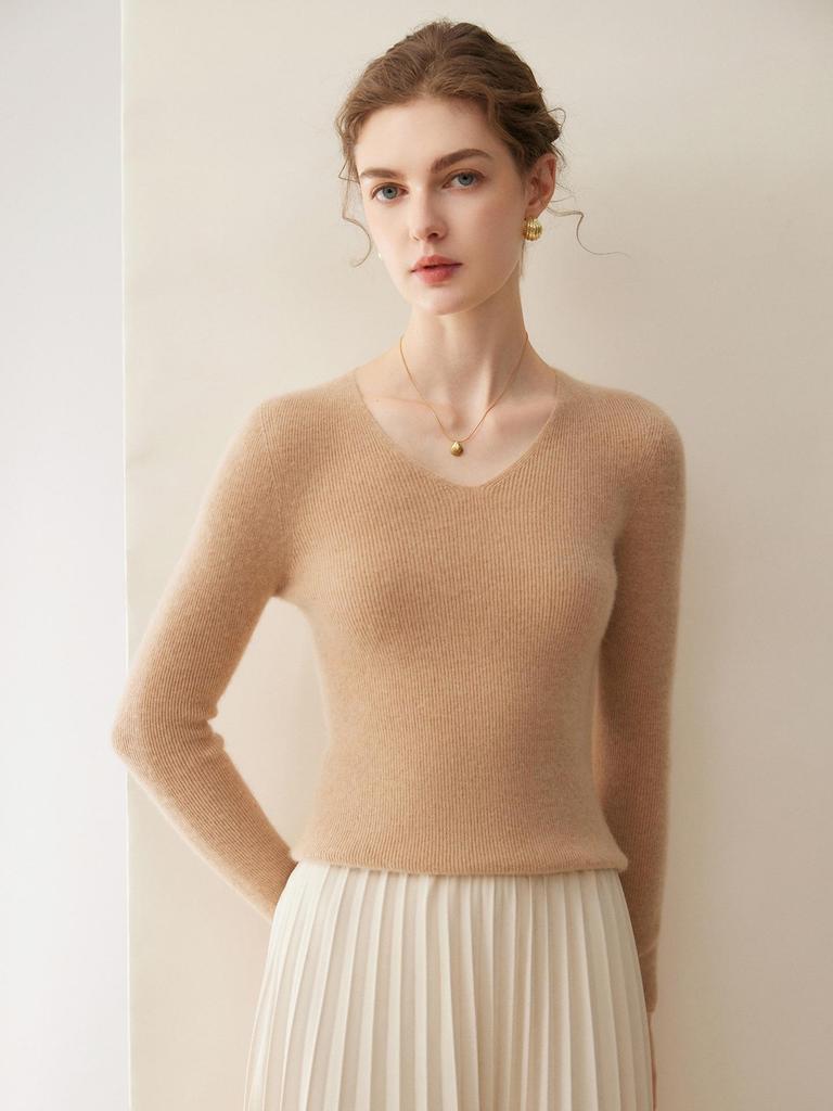 Women's Seamless V-Neck Ribbed Cashmere Sweater - Slim Fit Base Layer for Autumn/Winter
