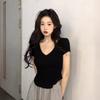 V-neck Short-sleeved T-shirt Women's Summer New Slim-fitting and Thin Spice Girl Short Irregular Bottoming Top