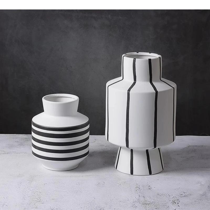 Black and White Striped Ceramic Vase Desktop Ornaments Flower Arrangement Living Room Aesthetic Decoration