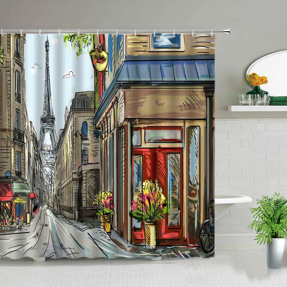 Paris Street Scenery Black And White Design Red Tram Bathroom Shower Curtain Waterproof Bathtub Home Decor Background Curtains