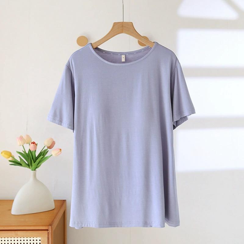 Women O-neck T-shirt with Built-in Bra Casual Solid Color Short Sleeve Top