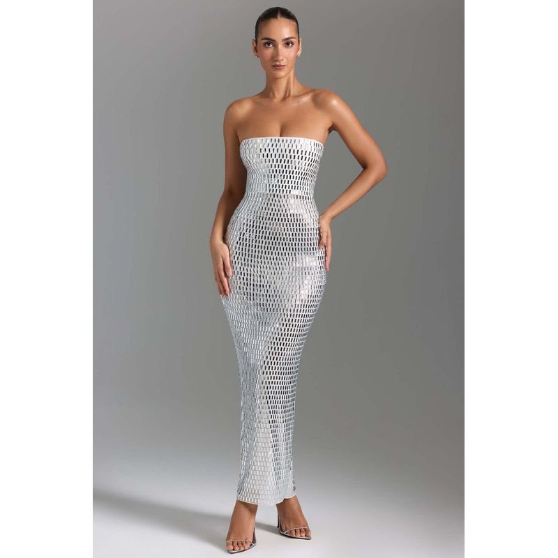 

European and American Women clothes Fashion Hot Drilling Sexy Tube Top Tight Sheath Slim fit Long dress White S