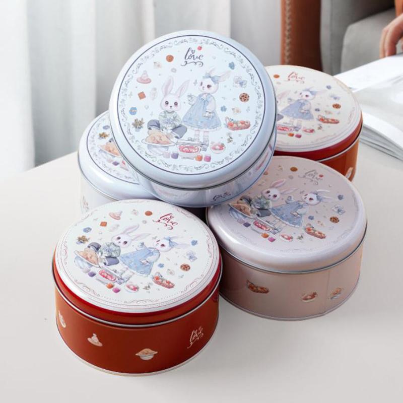 Plechová krabička na bonbóny a čokoládu s potiskem kresleného králíka Kovová prázdná plechovka na sušenky Multifunkční kulatá svatební dóza na sladkosti