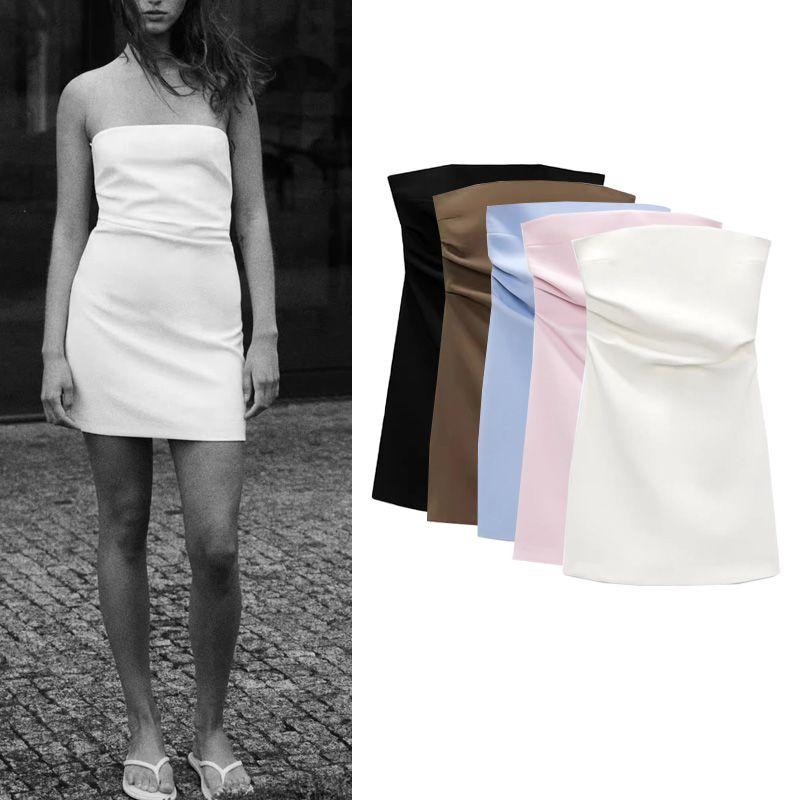 Spring New Style White Ruched Silm Straight Collar Tube Top Dress 7905717 3067365 3180332