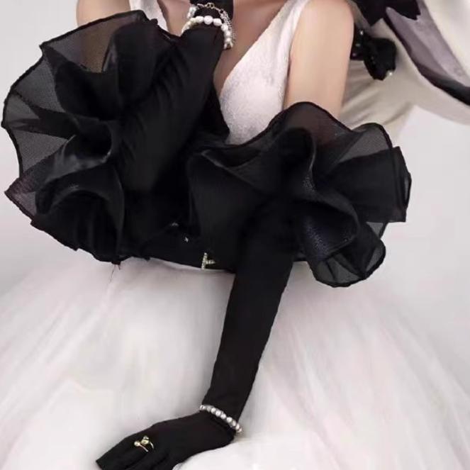 Long Velvet Gloves with Organza Ruffle Cuff, Elbow-Length Formal Gloves for Wedding/Party/Ball