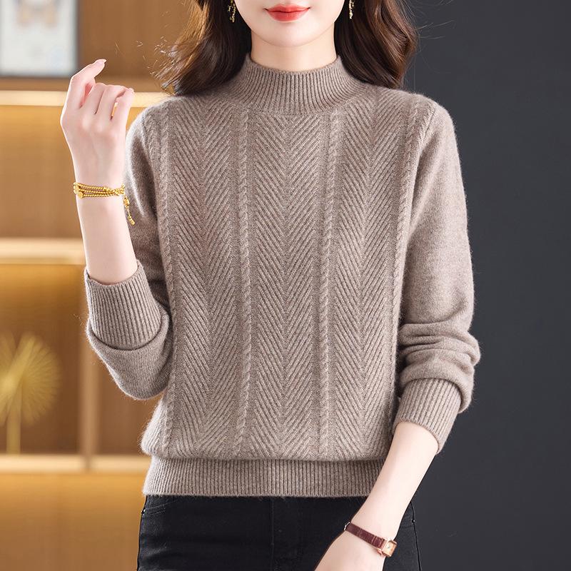 Stylish Autumn/Winter Women's Cashmere Sweater with Half-High Collar – Solid Color Thickened Wool Knitwear for Mid-Aged Mothers