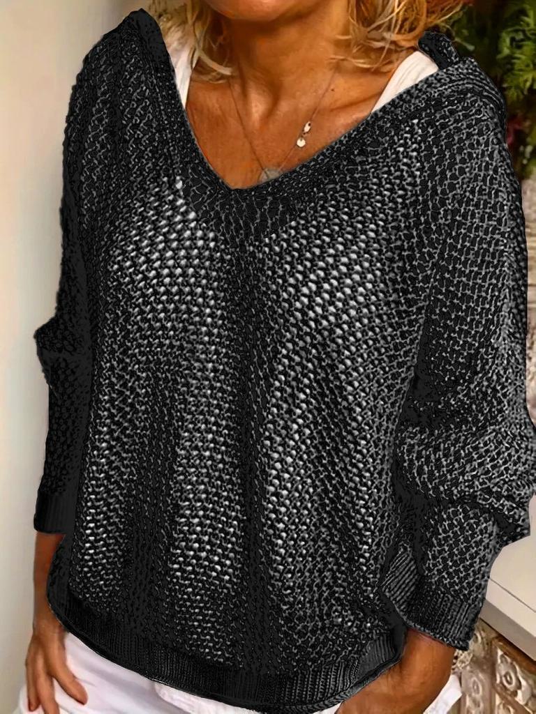 Women's Light Gray Hooded Knitted Sweater with Hollow Weave V Neck, Multiple Colors