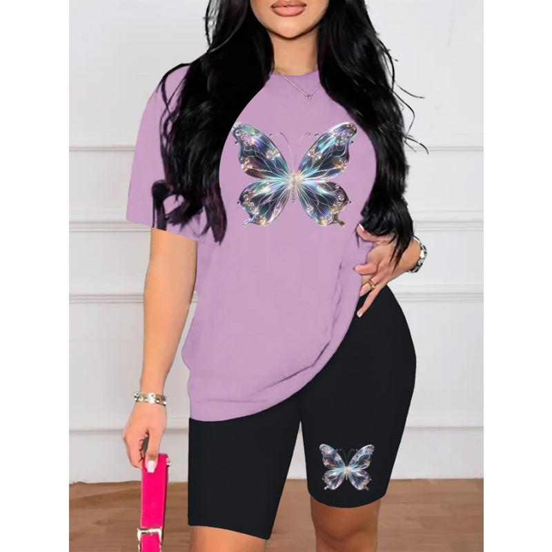 Fashionable women's metallic butterfly print shorts and T-shirt set