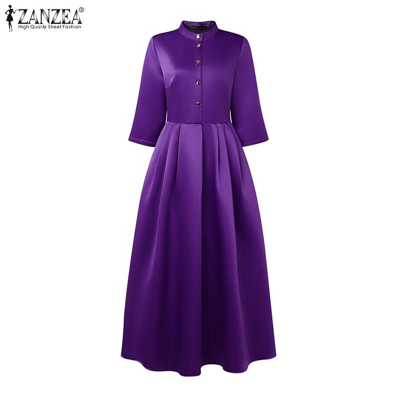 ZANZEA Women Casual Stand Collar 3/4 Sleeve Loose Long Dress