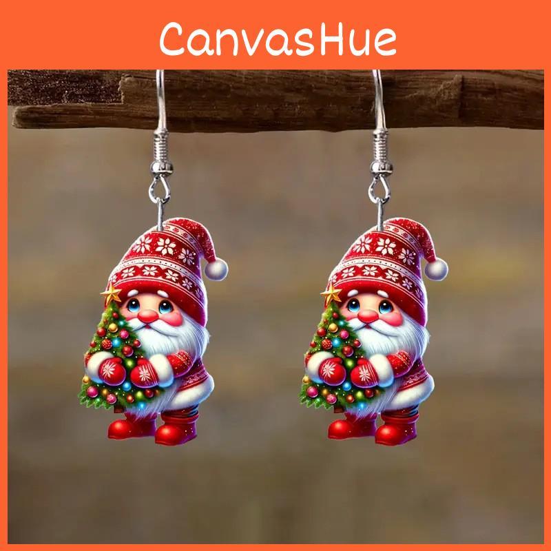 Christmas Santa Themed Claus Holding Tree Pattern Women Acrylic Earrings
