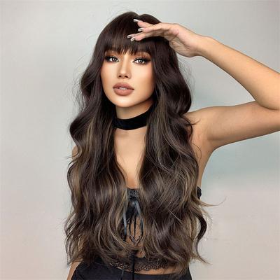 Long Curly Hair Fashion Big Wave Wig Smooth and Glossy Bangs Black Brown Women's Wig